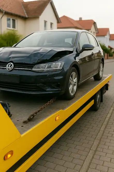Defektes Fahrzeug wird zum Autoankauf in Solingen abgeschleppt für eine professionelle Bewertung.